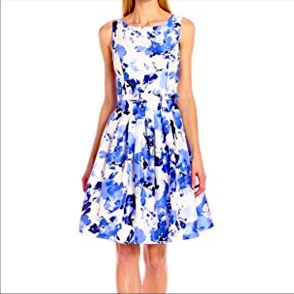 JESSICA HOWARD fit and flare sleeveless blue/white belted floral dress, size 12 - Picture 1 of 9